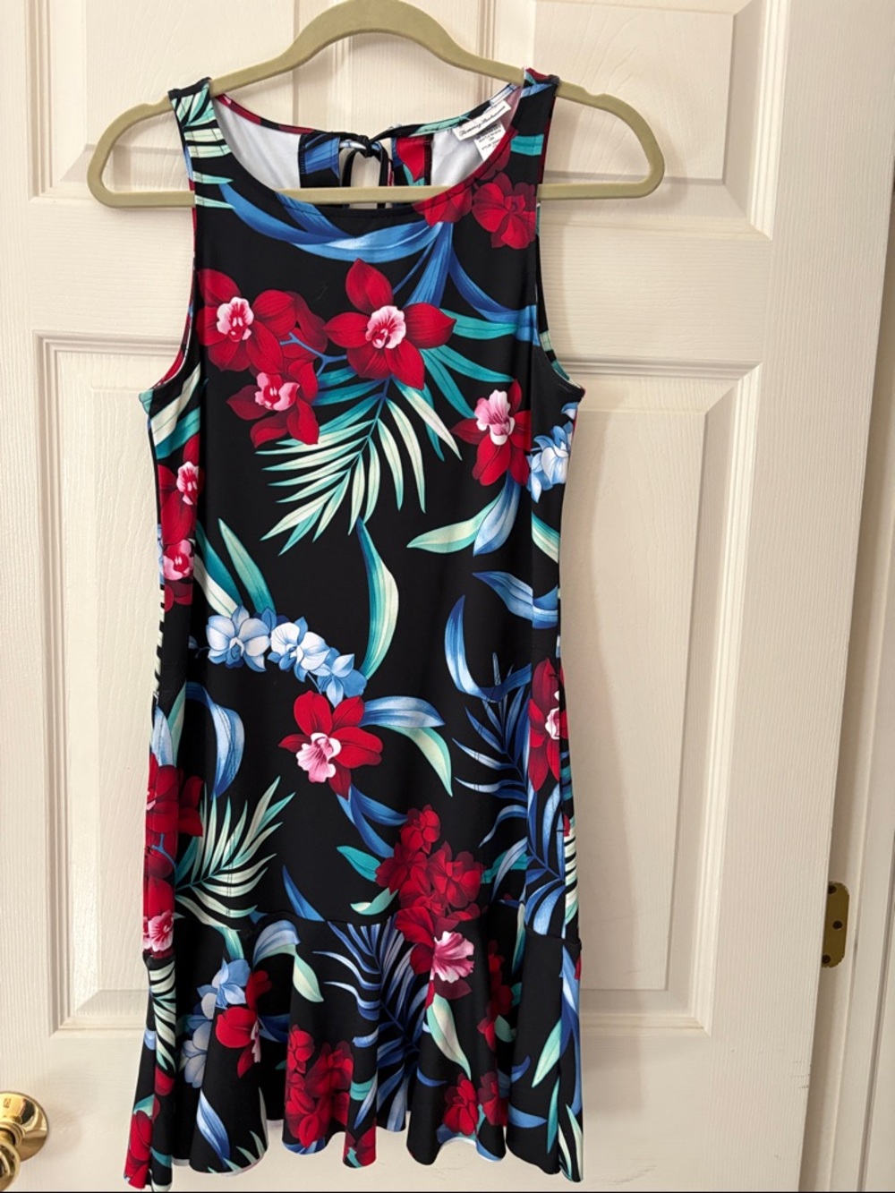 Tommy Bahama Black Mini Dress with Red & Blue Floral Print